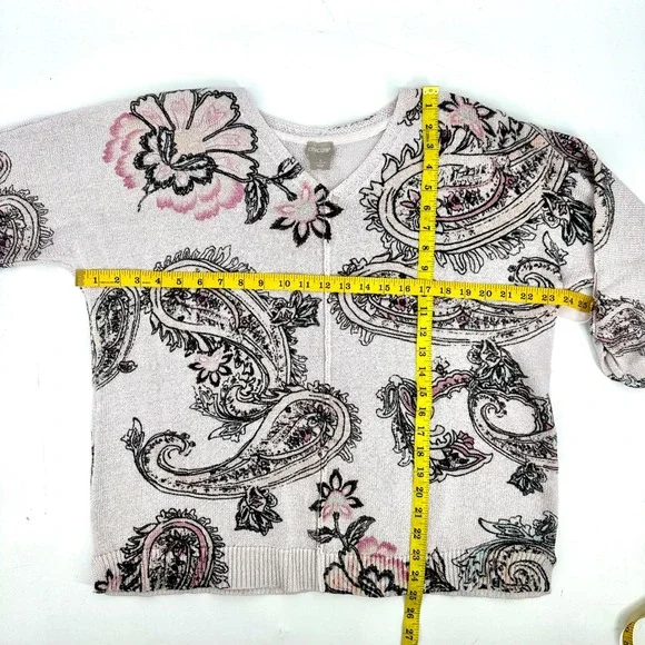 Chico's Blush Pink Paisley Sweater Sz 3 (XL) 3/4 Roll Tab Sleeve Romantic Cotton - Picture 12 of 12
